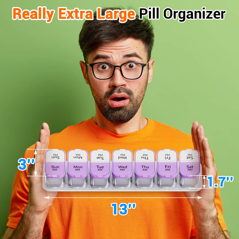 Daviky Large Pill Organizer 7 Day, Weekly XL Pill Box 2 Times a Day, Extra Big Medicine Case AM PM for Vitamins, Supplements and Medication Purple 1 Count (Pack of 1)