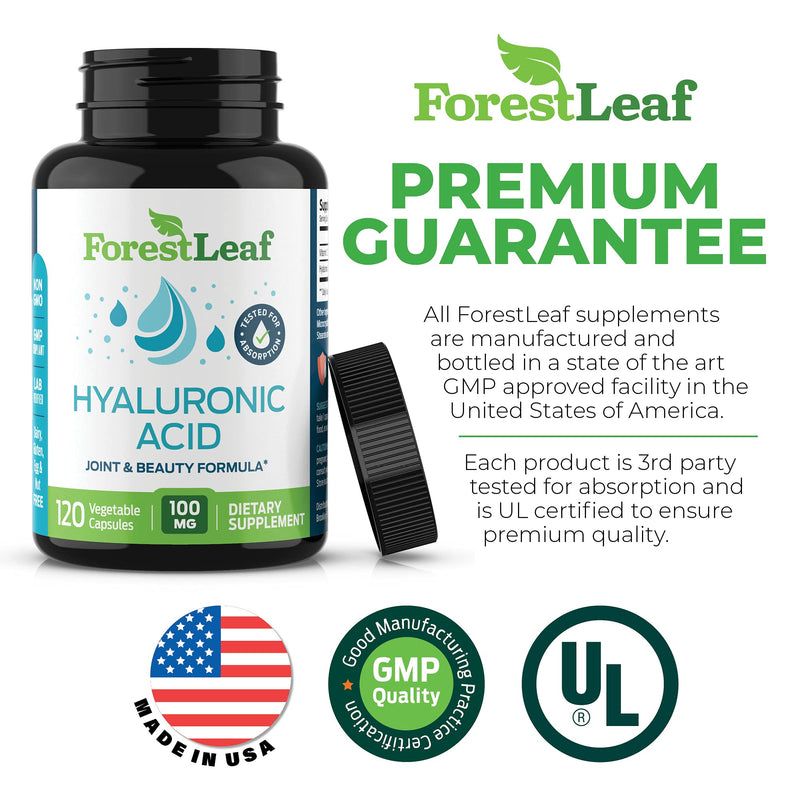 [Australia] - ForestLeaf - Hyaluronic Acid Supplements - 120 Vegetable Capsules - 100mg Dietary Hyaluronic Acid + 50mg Vitamin C Joint & Anti Aging Beauty Formula - Supports Skin Hydration, Joints, Bones & Hair 