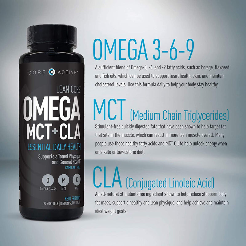 [Australia] - LEAN CORE OMEGA MCT + CLA - Stimulant Free Health Formula, Lean Muscle & Toned Physique, Omega 3-6-9 Fatty Acids - Flaxseed Fish Oil- Coconut Oil- Keto Friendly 30 Day Supply (90 Softgels) 