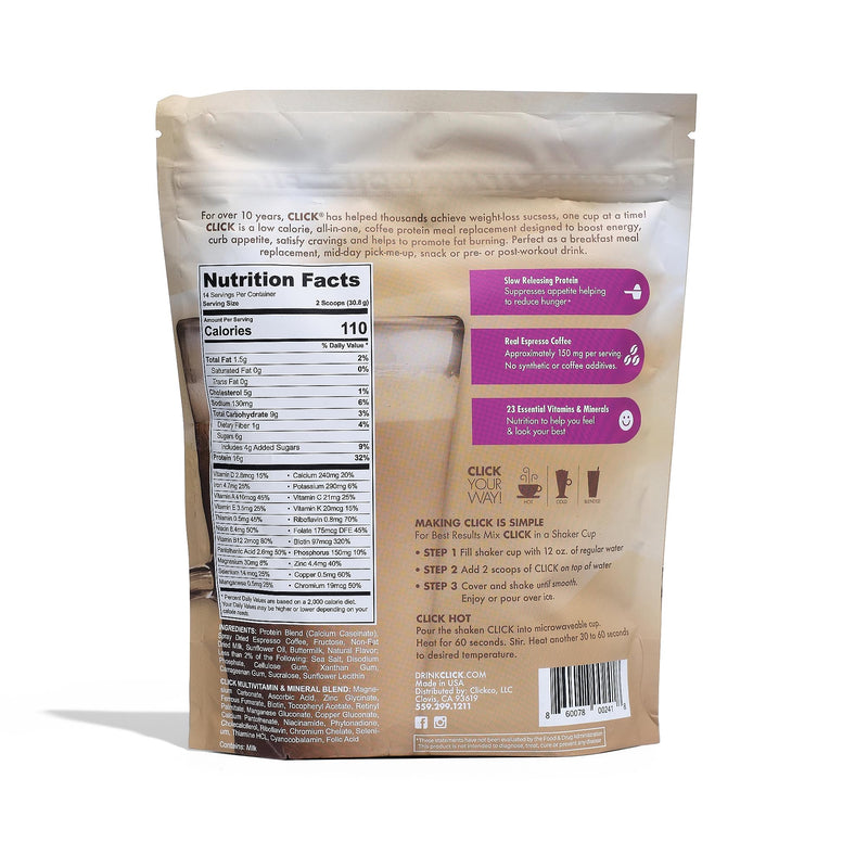 [Australia] - Click Coffee Protein Powder | Double Shot Espresso | 16g Protein | 23 Essential Vitamins | Low Calorie Meal Replacement | 150mg Caffeine | Gluten Free | No Artificial Flavors or Colors | Vanilla 15.24 Ounce (Pack of 1) 