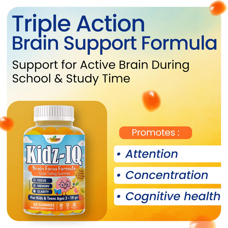 Kidz IQ Omega 3 for Kids, Focus Supplement for Kids, DHA Focus Gummies for Teens, Brain Supplements for Memory, Attention and Concentration Support, Orange Flavor, Non-GMO, Gluten-Free, 60 Gummies