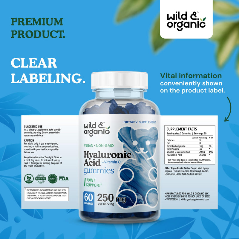 [Australia] - Hyaluronic Acid Gummies 250mg - Pure Hyaluronic Acid Supplements for Joints - Hair Skin and Nails Gummies w/Hyaluronic Acid Powder - Skin Supplement w/Vitamin C Hyaluronic Acid - 60 Vegan Chews 