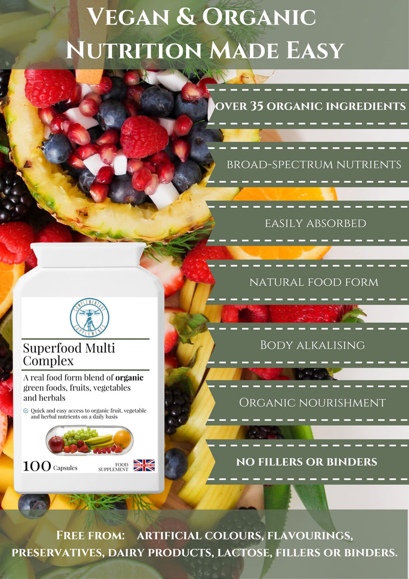 Organic Superfood Multi Complex - Wholefood Nutrition – Chlorella, Spirulina, Turmeric, Kelp, Organic Herbs, Vegetables, Fruits + Digestive Enzymes - 100 Capsules