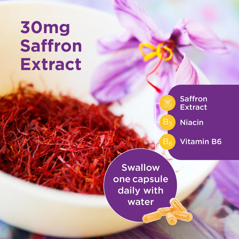 Healthspan 30mg Saffron Mood Support (60 Capsules) | Positive Mood & Emotional Balance | Supports Relaxation | Niacin & Vitamin B6 to Reduce Tiredness & Support Normal Psychological Function | Vegan