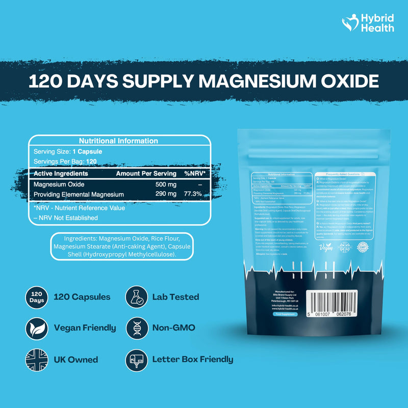 Hybrid Health Magnesium Oxide 500mg Supplement - 120 Vegan Capsules, High-Strength Formula, Independently 3rd Party Lab Tested, 4 Months Supply