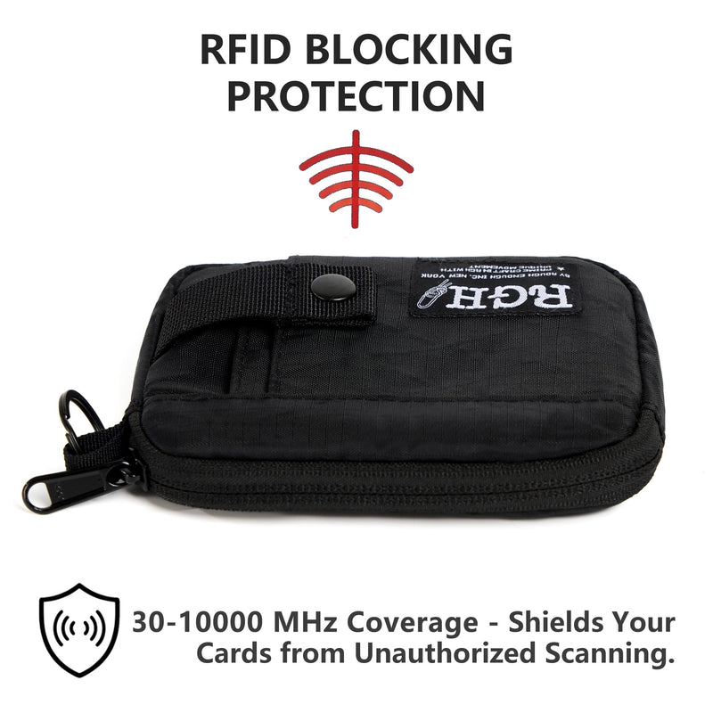 Rough Enough Travel Neck Wallet Pouch, RFID, Water-Resistant, Black | Lightweight, YKK zipper, Bright Nylon Interior, 5 x 4 x 0.7 in, Multiple Card & Coin Pocket, Lanyard & Carabiner & Keychain