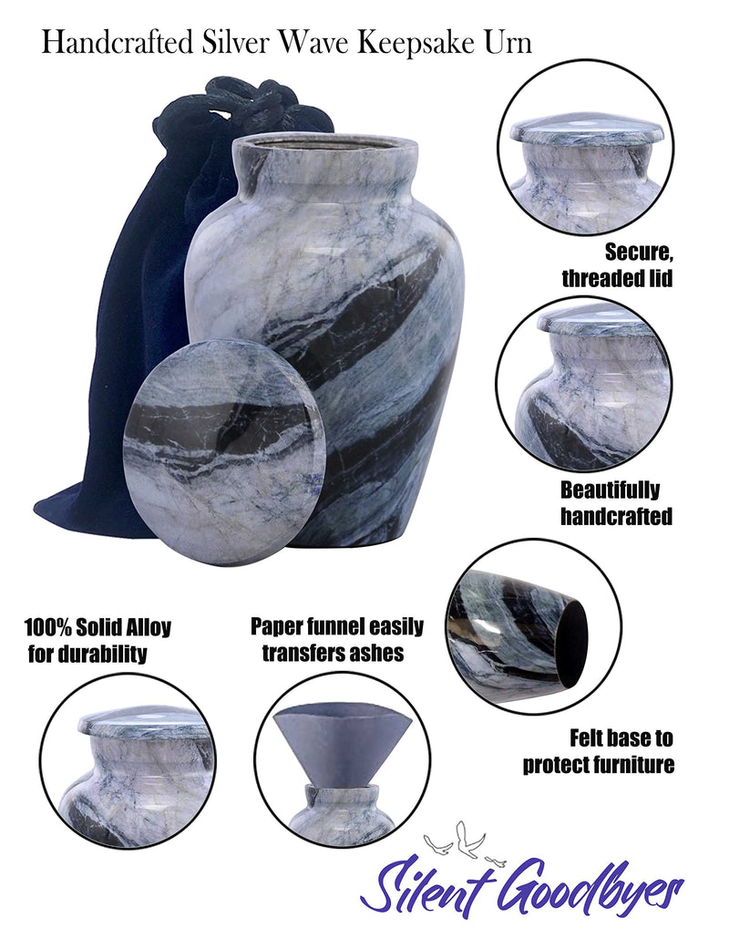 [Australia] - Small Keepsake Cremation Urns for Human Ashes - Marble Finish Metal Keepsake Urn - Mini Cremation Urn for Pet Ashes - Handcrafted Memorial Urn - Funeral Urns with Velvet Bag (Silver Wave) Silver Wave 