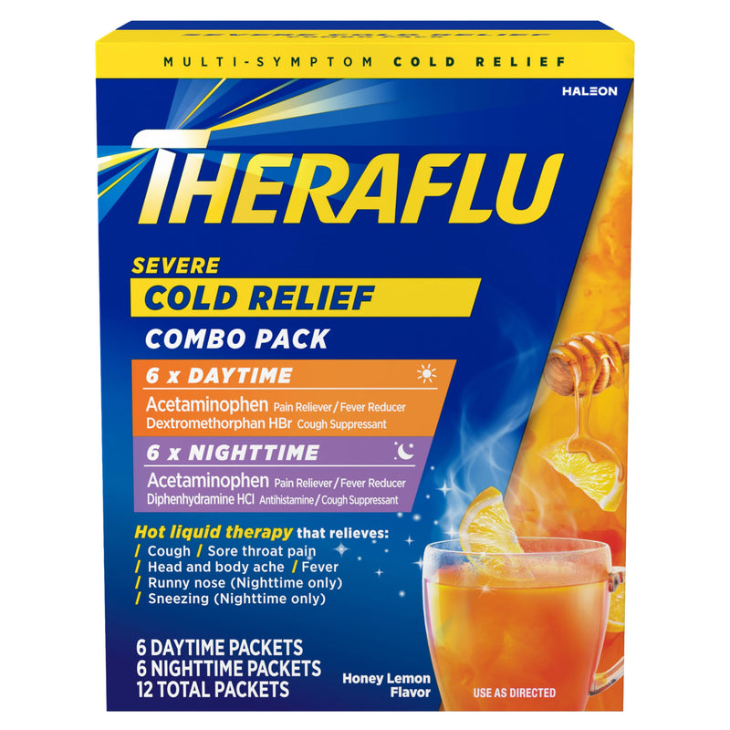 [Australia] - Theraflu Combo Daytime and Nighttime Severe Cold Relief Powder, Honey Lemon Flavor, 12 Count, 6 Daytime + 6 Nighttime 