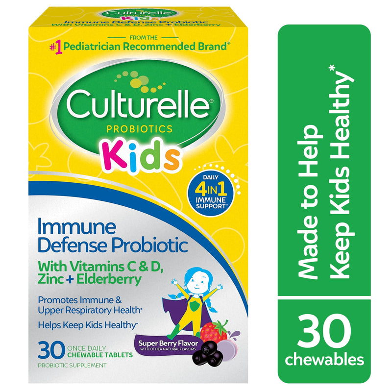 Culturelle Immune Defense Probiotic with Vitamin C, Vitamin D and Zinc + Elderberry, Non-GMO, 4-in-1 Immune Support for Kids Ages 3+*, Mixed Berry Chewables, 30 Count 30 Count (Pack of 1) Kids Immune Defense Probiotic