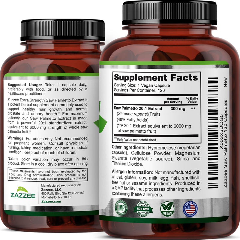 [Australia] - Zazzee Extra Strength Saw Palmetto 20:1 Extract, 6000 mg Strength, 40% Fatty Acids, 120 Vegan Capsules, 4 Month Supply, Concentrated and Standardized 20X Extract, Non-GMO, All-Natural, Made in the USA 