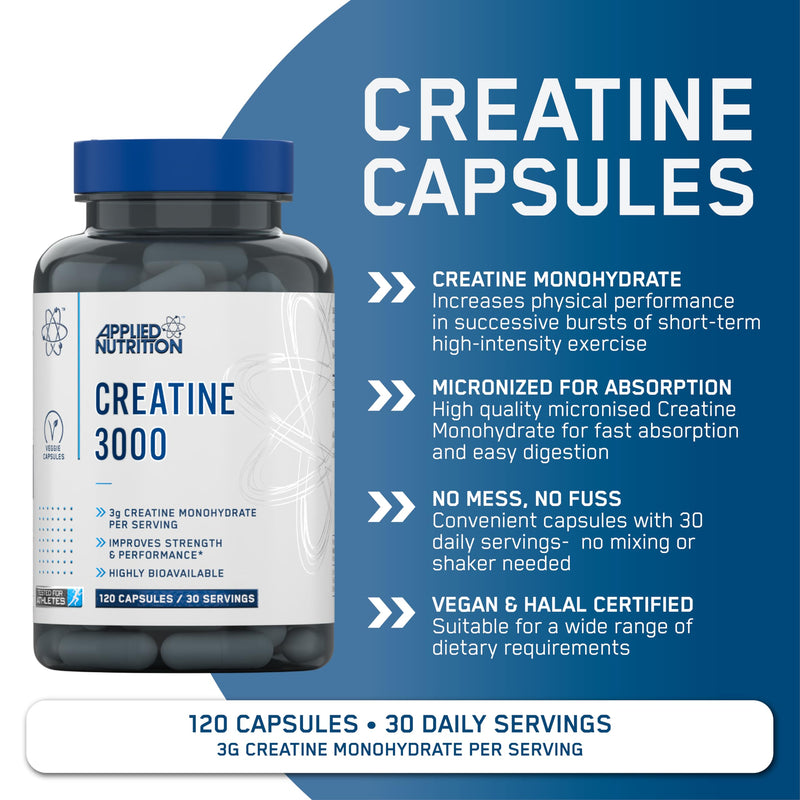 Applied Nutrition Creatine Monohydrate Capsules 3000mg Per Serving – High Strength Gym Supplement for Men & Women – Unflavoured Energy & Performance Support for Workout (120 Capsules – 30 Servings) 120 count (Pack of 1)