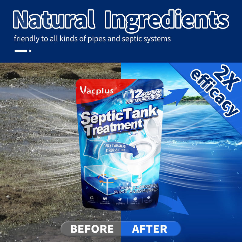 [Australia] - Vacplus Septic Tank Treatment 12 Pcs for 1-Year Supply, Dissolvable Packs with Easy Operation, Durable Biodegradable Enzymes for Wastes, Greases & Odors Blue(2X efficiency) 