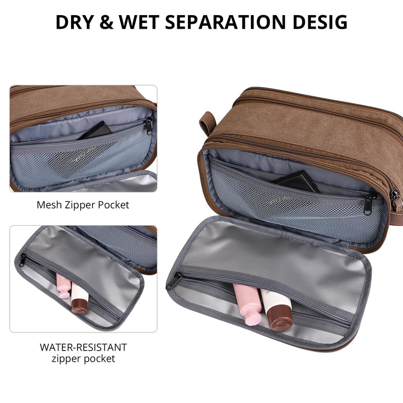 WITZMAN Canvas Toiletry Bag for Men Travel Toiletries Large 7L Dopp Kit | Multi-pockets with Dry-wet Pocket, Side Handle for Hanging, Lightweight, For Daily Use, Bathroom, Make up, A8002 Brown