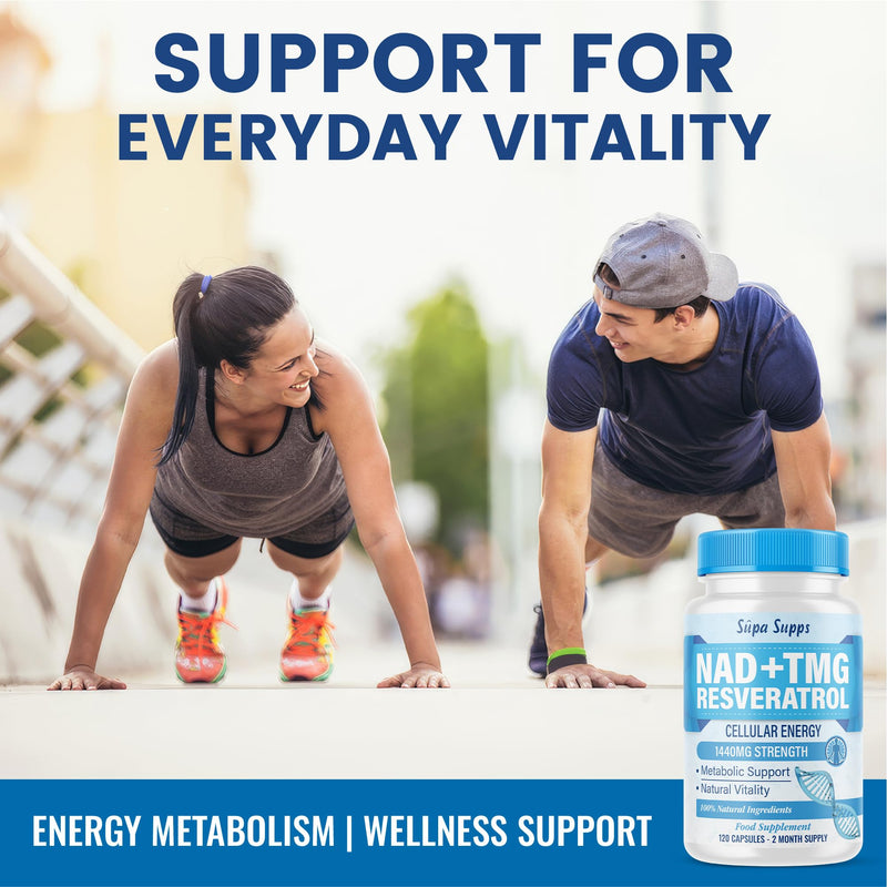 NAD+ TMG, Resveratrol -120 Capsules, 60 Day Supply, Cellular Energy Aid, Methylation Support, Antioxidant Complex, Vegan Friendly, High Strength Formula, NAD Supplements UK, Daily Vitality Support
