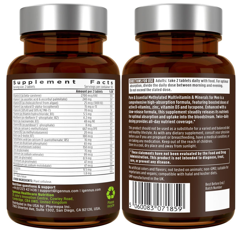 Igennus Methylated Multivitamin for Men with 22 Actives, 180 Tablets | Lycopene for Antioxidant Support, High Potency B12, Sustained Release, Pure & Clean, Non-GMO & Halal 180 Count (Pack of 1)
