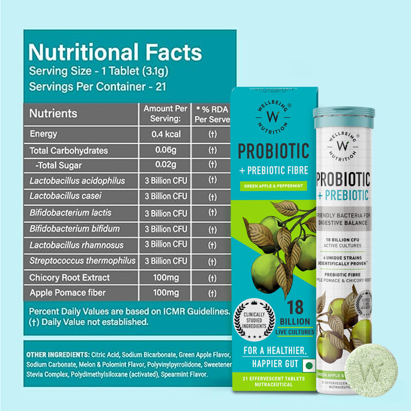 WELLBEING NUTRITION Daily Probiotic + Prebiotic| Plant Based |18 Billion CFU, 6 Strains for Men & Women with Organic Prebiotic Fiber for Digestion, Gut Health, Metabolism | 42 Effervescent Tabs 21 Count (Pack of 2)