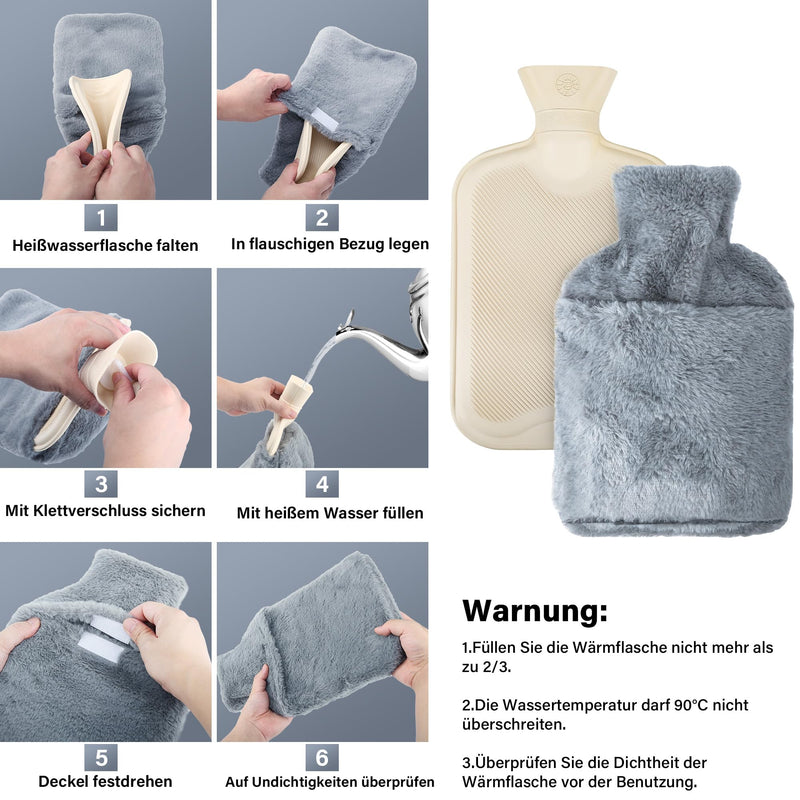 [Australia] - Hot Water Bottle, 2L Hot Water Bottle with Cover Large Fluffy Kangaroo, Thermophore with Leak-Proof Rubber, Hand Warmer for Children and Adults Hot Water Bottles for Back, Stomach Periods Pain Relief 2L Gray 