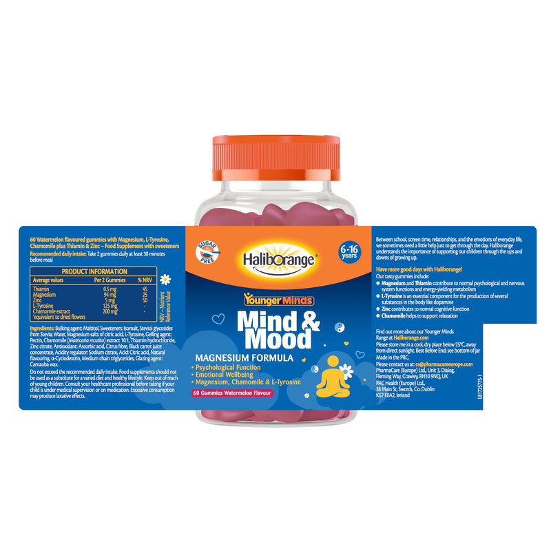 Haliborange YoungerMinds Mind & Mood Gummies for Kids 6–16 | Sugar-Free Daily Supplement with Magnesium, L-Tyrosine, Thiamin & Chamomile | Supports Focus, Calm & Emotional Balance – 60 Gummies