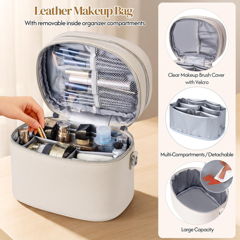 cysiyu Leather Makeup Bag Organizer Double Layer Vanity Bag Large Capacity with Compartments and Handle Travel Portable Storage Crossbody Cosmetic Jewelry Case for Women. Beige