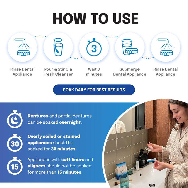 [Australia] - Ola Fresh Dental Appliance Cleanser, Professional Denture and Retainer Powder Cleanser (Mint Essence Flavor, 24 Packets, 6 Month Supply) ~6 Month Supply 