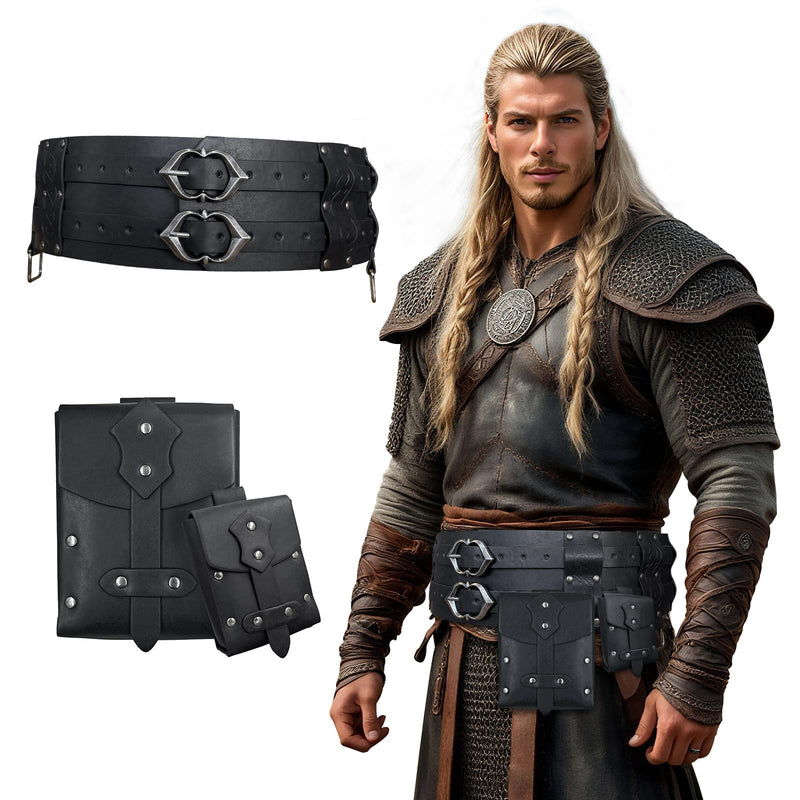 3PCs Medieval Fanny Pack Accessory Set, Renaissance Fanny Pack, Vintage Viking Wide Belt for LARP Events (Black A) Black A Style a