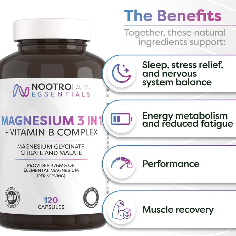 Nootro Essentials Magnesium 3-in-1 Capsules, High Strength Magnesium Supplements with Glycinate, Malate and Citrate for Sleep, Muscle & Digestive Support (60 Servings - 2 Month Supply) 120 count (Pack of 1)