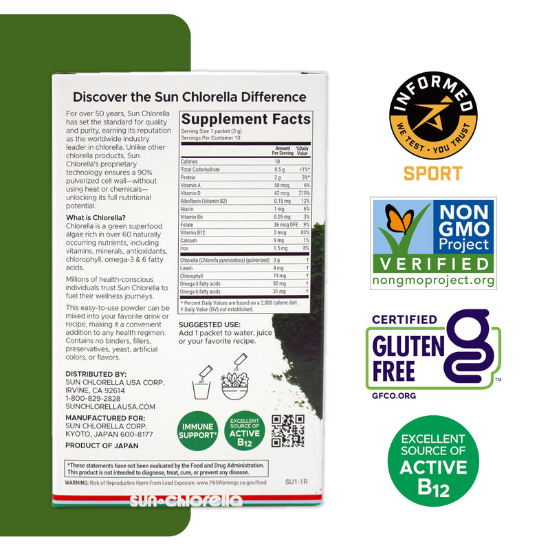 Sun Chlorella Powder 3g Single-Serve Packets, B12-Vitamin D Support, 10ct | Pulverized Cell Wall Unlocks 60+ Nutrients; Non-GMO Whole-Food Formula; Supports Immune & Digestive Health Herbal 10 Ounce (Pack of 1)