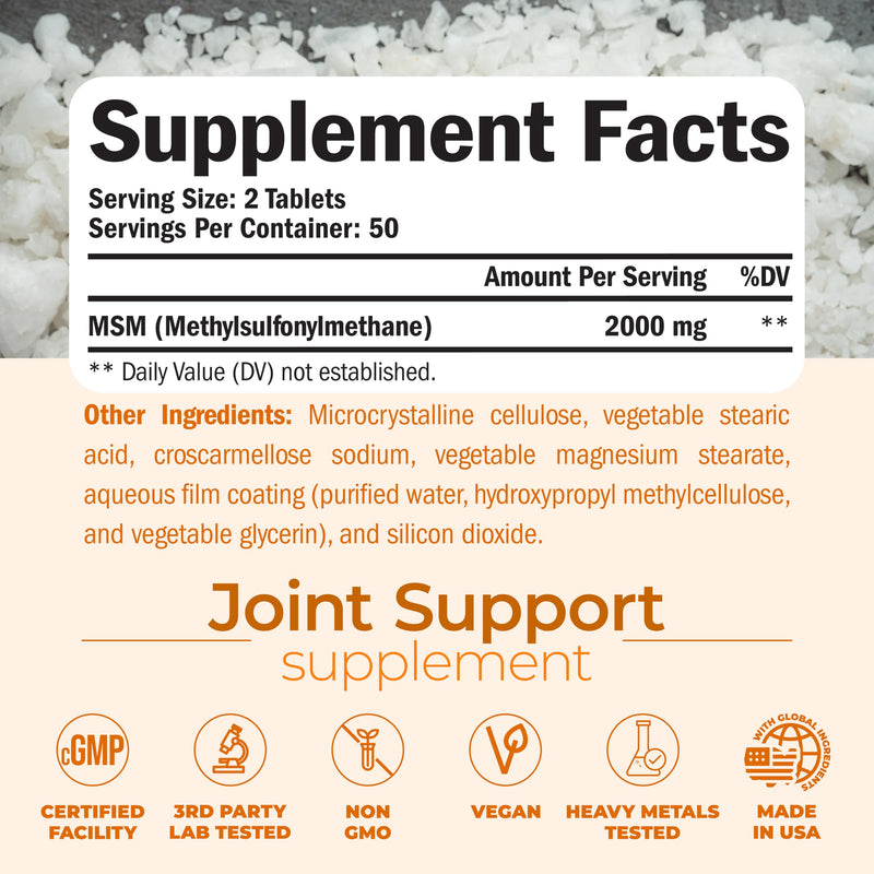 [Australia] - MSM 2000mg - Joint Support Supplement for Cartilage & Joint Health. Antioxidant Properties. Aids Inflammatory Response. Occasional Discomfort Relief - Back, Knees, Hands. Non-GMO. Vegan. 50 Day Supply 100 Count (Pack of 1) 