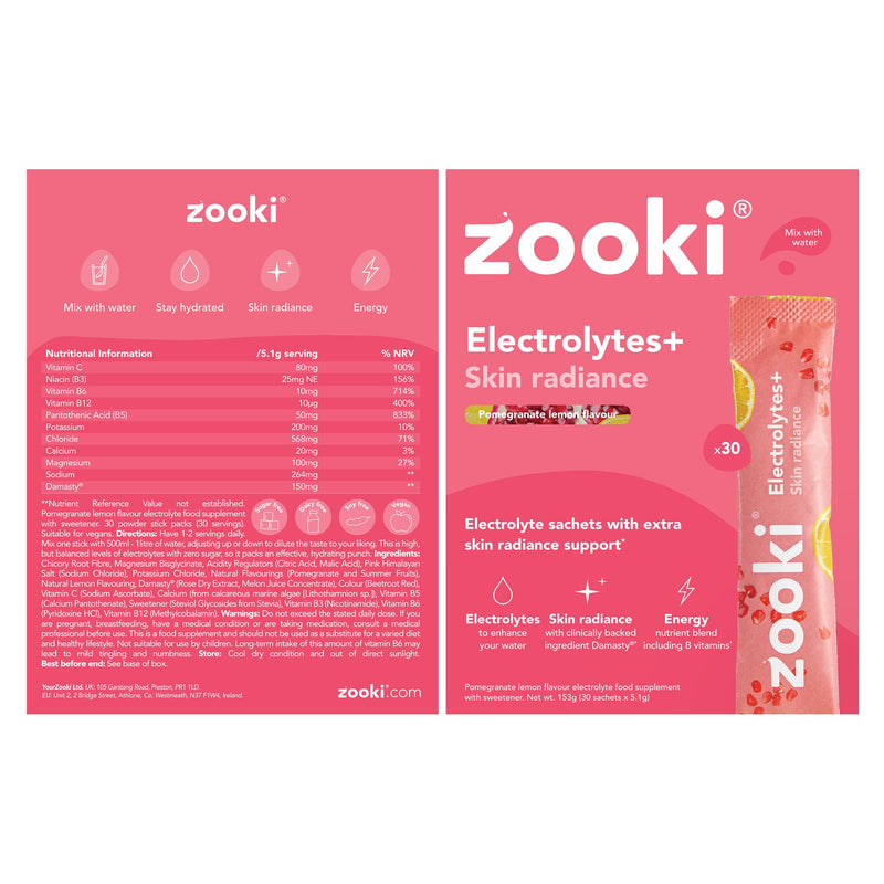Zooki Electrolytes+ Skin Radiance Hydration Electrolytes Sachets – Pomegranate Lemon Flavour Electrolytes with Damasty Rose Extract, B Vitamins & Vitamin C, Sugar Free Hydration Sachets (30 Servings) 30 servings (Pack of 1)