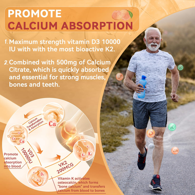 [Australia] - Vitamin D3 K2 Gummies 5000IU / 10,000 IU with 500mg Calcium + K2(MK-7) 200mcg, Magnesium, Vitamin C & Zinc, Extra Strength - Ultimate Absorbency for Bones, Muscles, Teeth, Vegan, 60 Count (Pack of 1) 60 Count (Pack of 1) 