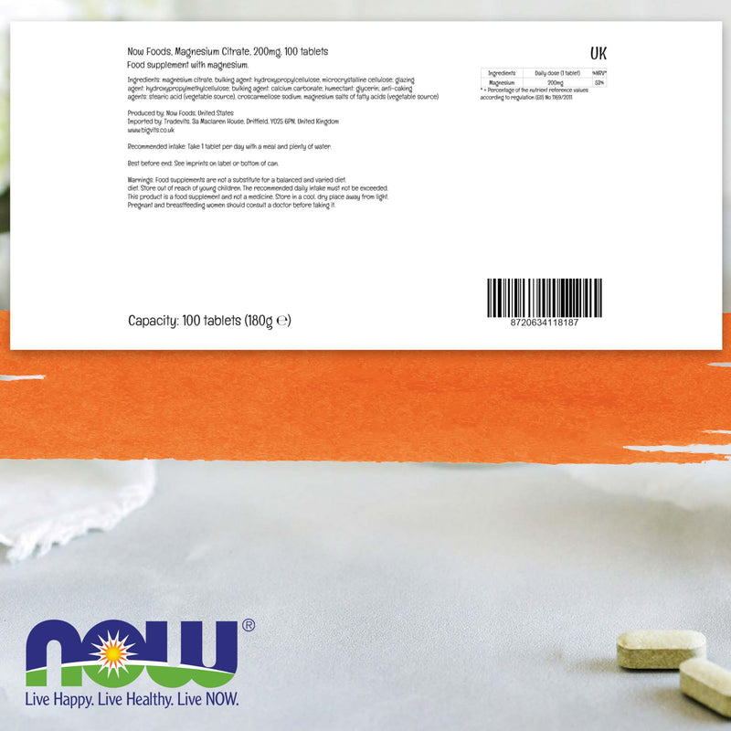 Now Foods, Magnesium Citrate, 200mg Magnesium, 100 Vegan Tablets, Lab-Tested, Vegetarian, Gluten Free, Soy Free, Non-GMO 100 count (Pack of 1)
