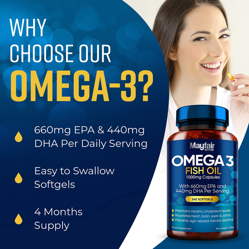 Omega 3 1000mg Capsules - 240 Fish Oil Tablets with 660mg EPA & 440mg DHA per Daily Serving - Supports Heart, Vision, & Brain Health - 4 Months Supply - Made in UK…