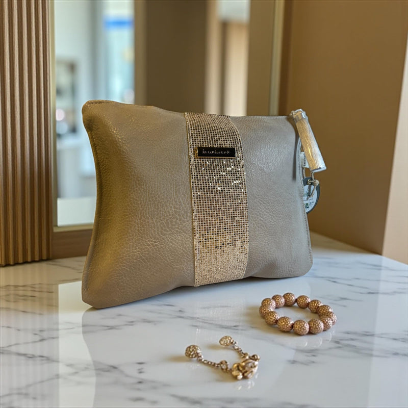 Handmade Gold & Beige Eco-Leather Cosmetic Bag | Quilted Accent with Metallic Detail | Elegant Makeup Pouch 10×8×0.5 in