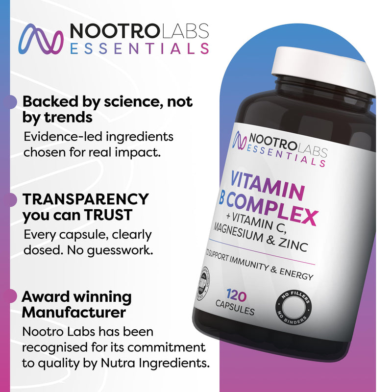 Nootro Essentials Vitamin B Complex with Vitamin C, Magnesium and Zinc, High Strength Vitamin B Supplement for Energy Metabolism and Immune Support, (60 Servings, 2 Month Supply)