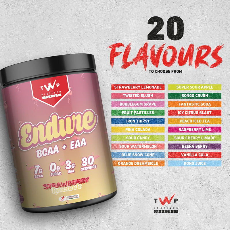 TWP Nutrition Platinum Series Endure, EAAs & BCAAs Electrolyte Blend Pre, Intra and Post Workout, Zero Sugar, 510g and 30 Servings, 20 Great Flavours (Strawberry Lemonade) Strawberry Lemonade