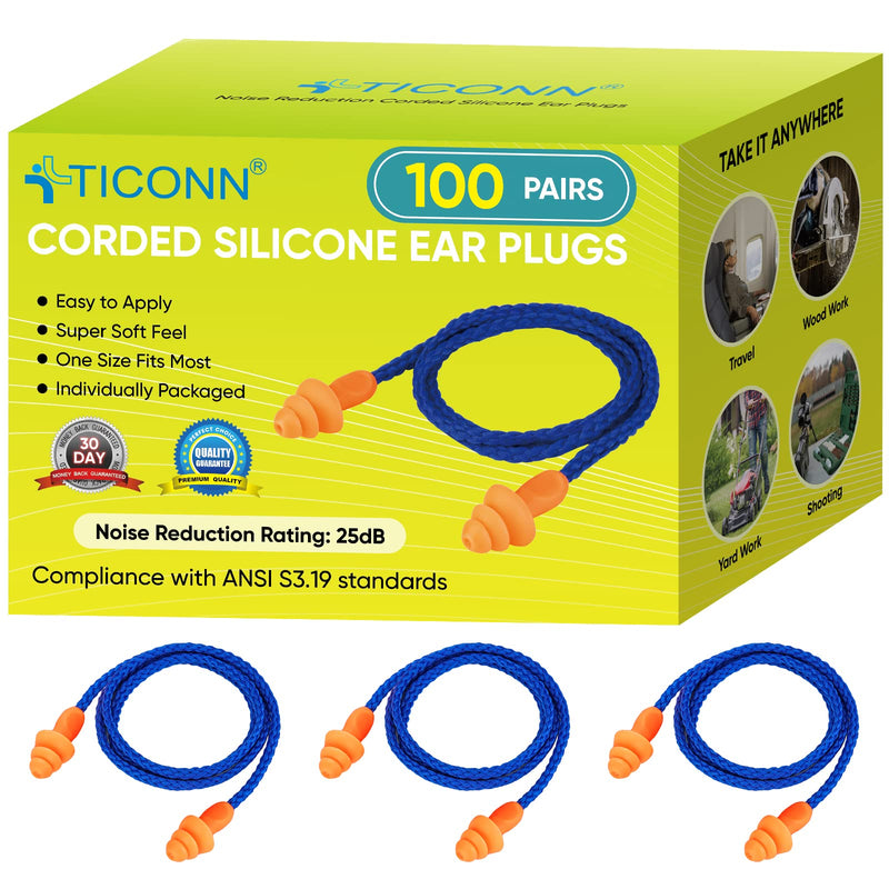 [Australia] - TICONN 100 Pairs Reusable Silicone Ear Plugs for Sleeping Noise Cancelling, 25dB NRR Corded Earplugs for Study Concentration Travel (100 Pairs) 