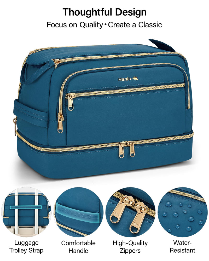 Hanke Travel Toiletry Bag, Lightweight Wide-open Makeup Bag, Dual-Layer Travel Bag for Toiletries Water-Resistant Cosmetic Bags Large Toiletry Bags for Women & Men, Travel Essentials, Navy Blue