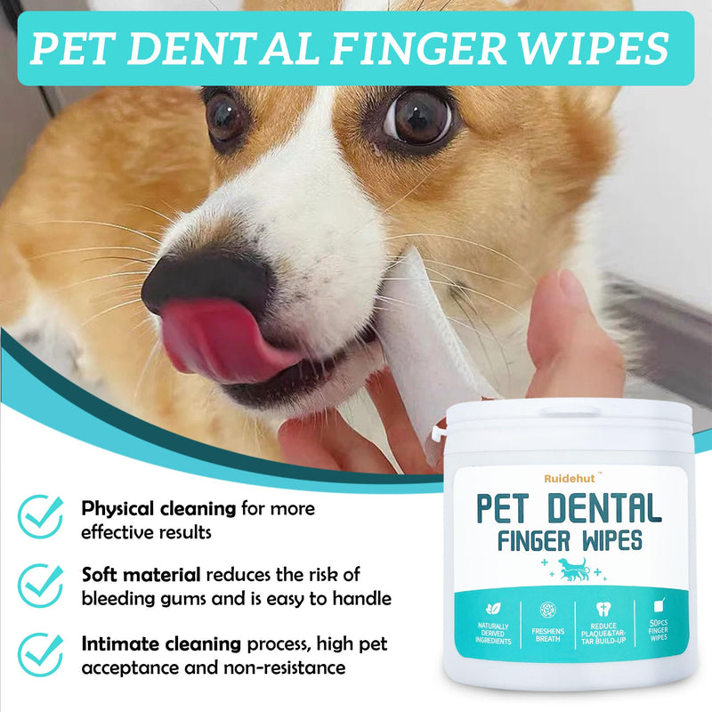 Dog Dental Kit - Teeth Cleaning Powder Contains Probiotics That Solve Bad Breath Through Internal Digestion, Finger Wipes Remove Plaque and Tartar from The Surface (50 Count & 80g) Dental Cleaning Kit