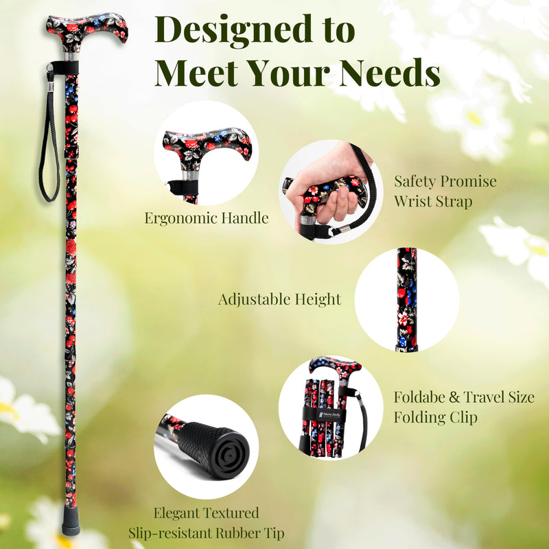 [Australia] - Merry Sticks Lightweight Foldable Walking Canes for Women and Men, Adjustable & Collapsible Walking Stick for Seniors, Balancing Mobility Aids, Ergonomic Handle & Wrist Strap - Berries Classic Grip 