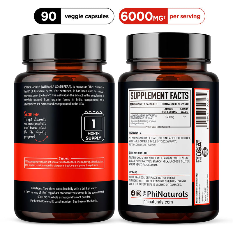 [Australia] - Ashwagandha Root Extract Capsules (Organic) Equivalent to 6000 mg Whole Root - Supplement with 1500 mg Per Serving - 500 mg Per Vegan Capsule - 90 Count 