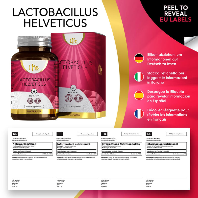 LN Lactobacillus Helveticus | High Strength 90 Probiotics Supplements - 6 Billion CFU per Capsule | L-Helveticus Capsules | Non-GMO, Gluten & Allergen Free | Made in the UK