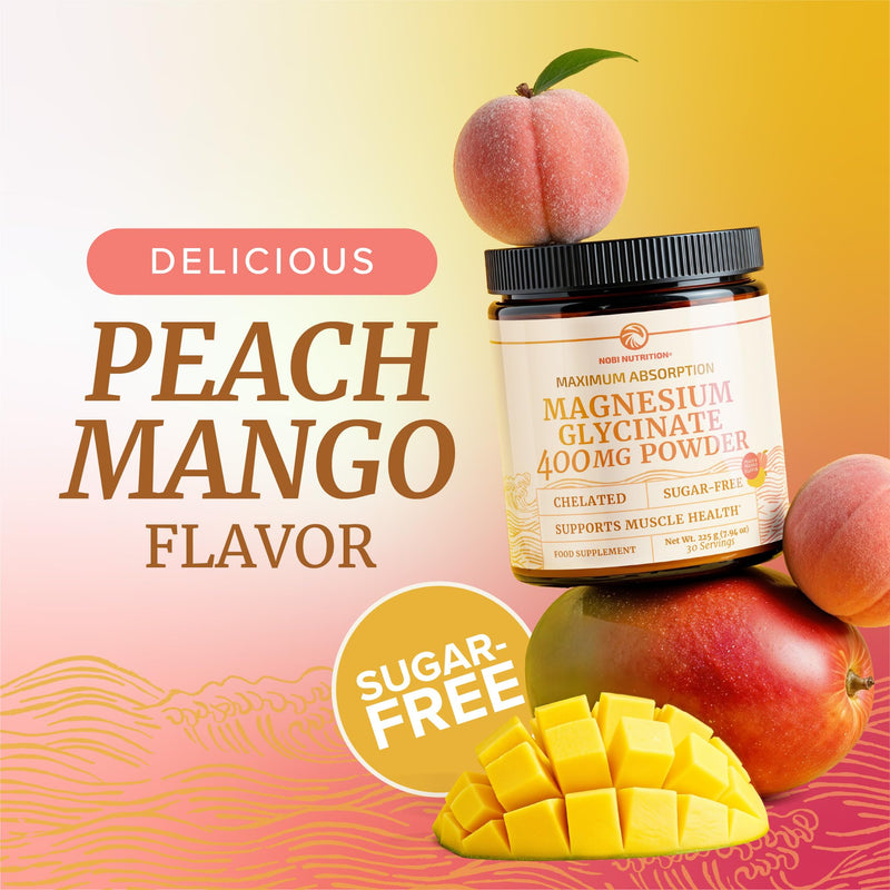 Magnesium Glycinate Powder 400MG | Muscle & Relaxation Support | Peach Mango Flavor Drink | High Absorption Chelated Magnesium Powder | Vegan, Gluten-Free, Non-GMO | 30 Servings | 225g (7.94oz)