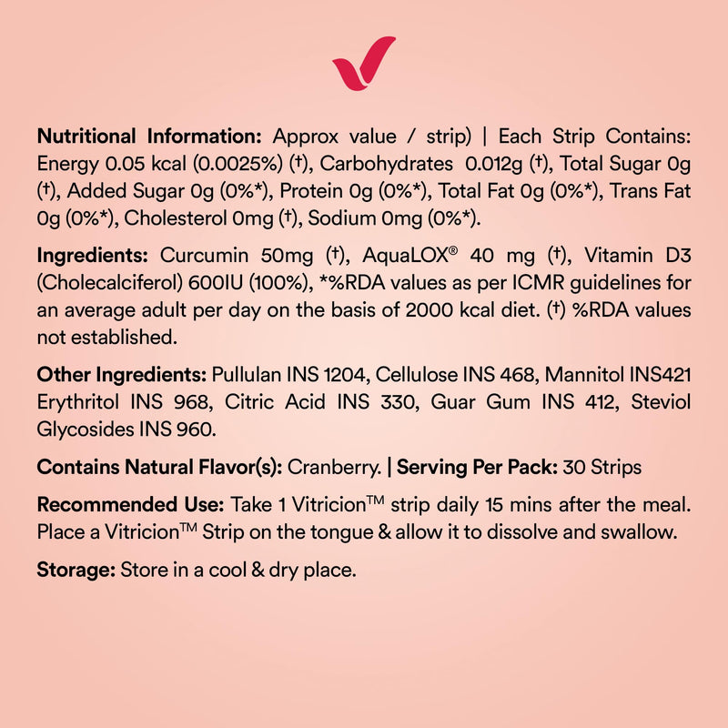 Vitricion Joint Health Oral Strips | 30 Oral Strips | Curcumin, Vitamin D3, AquaLOX | Supports Joint Comfort & Flexibility | Cranberry Flavour | Fast Dissolving Supplement Strips, No Water Needed Pack of 1 (30 Oral Strips)