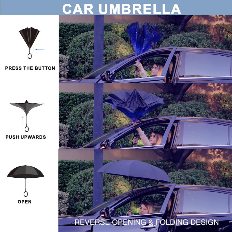 49/56 Inch Inverted Reverse Upside Down Umbrella, Extra Large Double Canopy Vented Windproof Waterproof Stick Golf Umbrellas with C-shape Handle. Irises 49 Inch