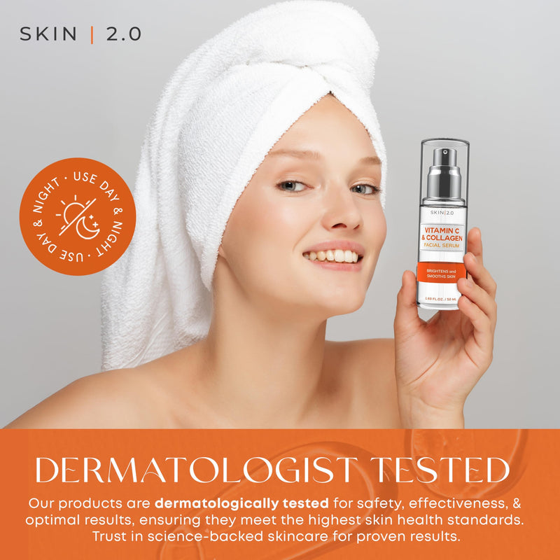 Skin 2.0 Vitamin C & Collagen Serum & Day Cream Set - Anti-Aging, Dark Spot Remover & Brightening - Dermatologist Tested Korean Skincare - Clean Beauty, Cruelty-Free, All Skin Types - 1.69 Fl. oz Vitamin C & Collagen Serum + Moisturizer