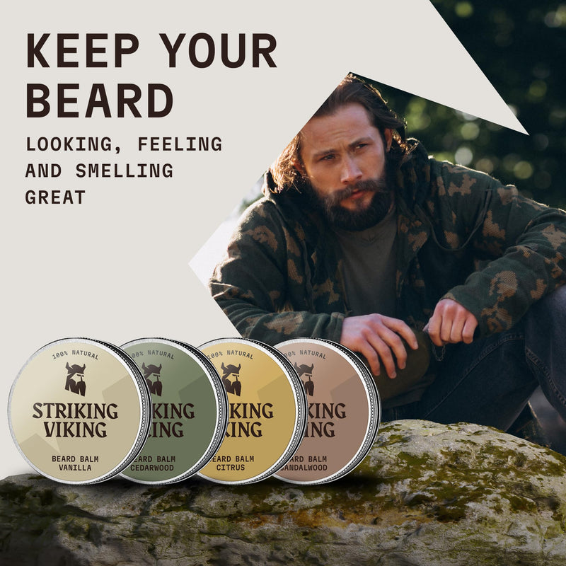 [Australia] - Striking Viking Beard Balm 4 Pack - Four 1 oz. Tin cans - beard balms sandalwood, cedar wood, vanilla & citrus fruits - beard growth products for strong beards - beard oil skin care 