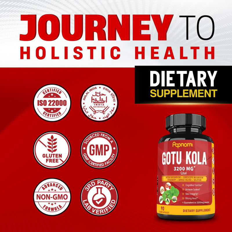 [Australia] - Organic Gotu Kola Extract Capsules - Equivalent to 3200Mg with Reishi, Cordyceps, Rosemary, Gingko Biloba & Valerian Root - 90 Counts for 3 Months - Supports Brain, Immunity, Skin & Heart Health 