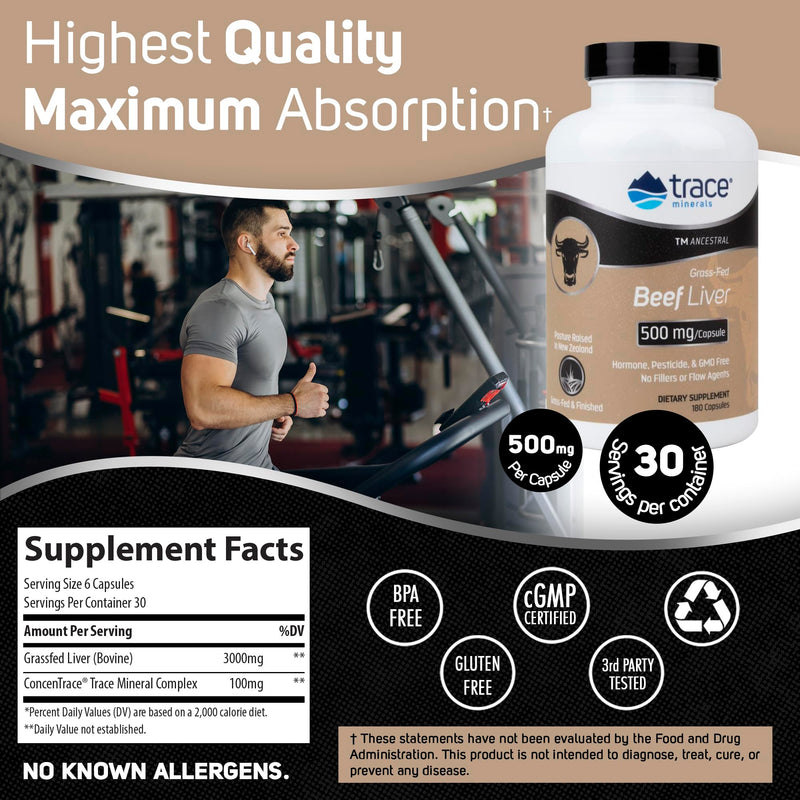 [Australia] - Trace Minerals | Ancestral Beef Liver Capsules (3000mg Bovine Liver) | Pasture Raised, Grass Fed & Finished | Paleo & Keto Friendly | 30 Servings | 180 Count 