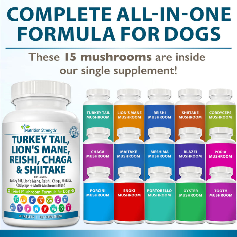 15-in-1 Mushrooms for Dogs Turkey Tail 600mg Lion's Mane 600mg Reishi 600mg Shiitake 500mg Cordyceps 300mg Chaga 300mg Maitake 200mg Meshima Blazei Poria Enoki Portobello 90 Tablets - PawsPlanet Australia