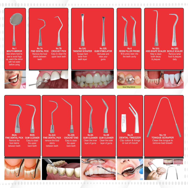 [Australia] - Jimy Dental Tools Set of 10Pcs, Professional Plaque Remover for Teeth, Stainless Steel Tooth Scaler & Tongue Cleaner, Dental Pick Tartar Scraper, Teeth Cleaning Tools with Case 